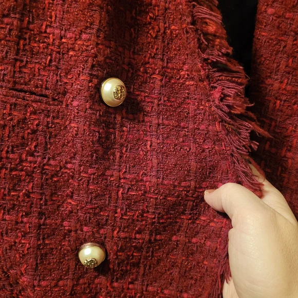 Zara Blogger Favorite Burgundy Red Frayed Tweed Boucle Jacket Size S - Picture 12 of 15